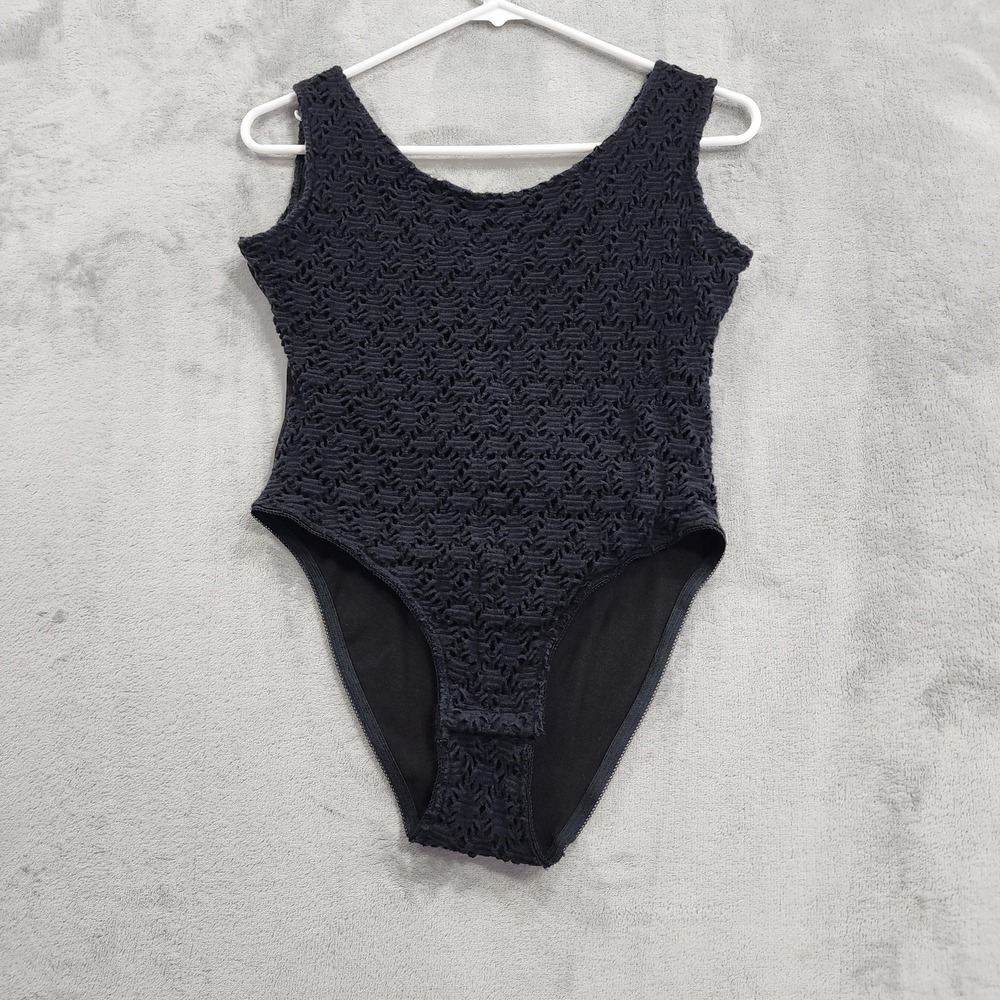 Vintage Mel-Lin Bodysuit Womens L Black Crochet Lace Overlay‎ Sleeveless Stretch